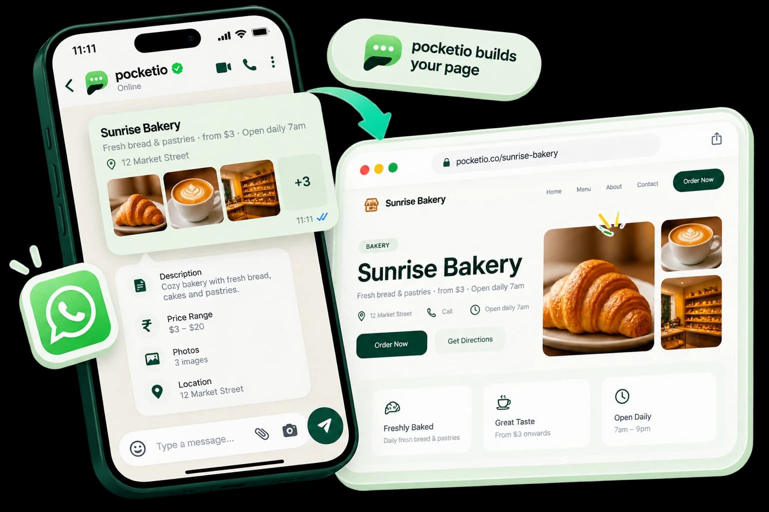 Pocketio turns a WhatsApp message into a bakery website